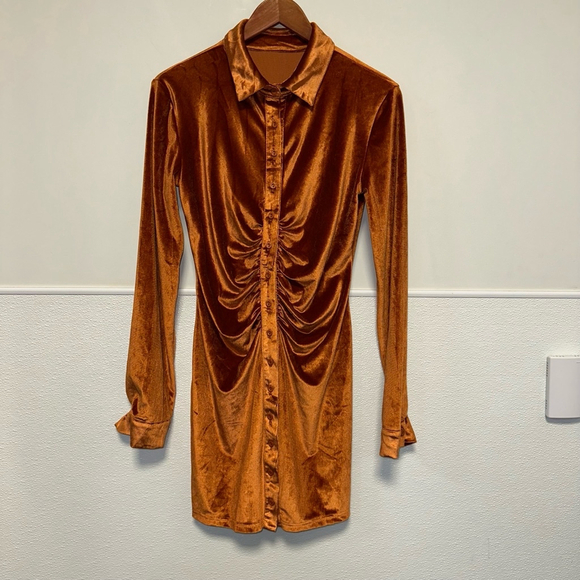 Women’s Long Sleeve Bodycon Dress Turn-Down Collar Velvet Ruched Rust Orange M - Picture 10 of 12